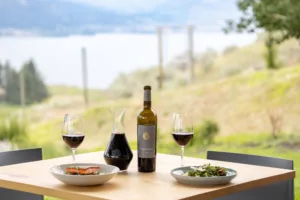 Table setting of food and wine at The Restaurant at Poplar Grove Winery