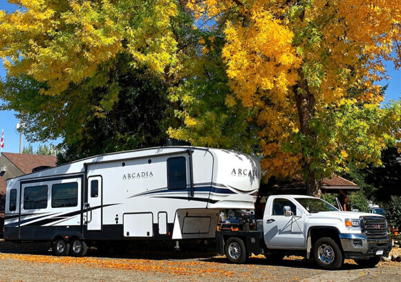 Truck and trailer at holiday park resort