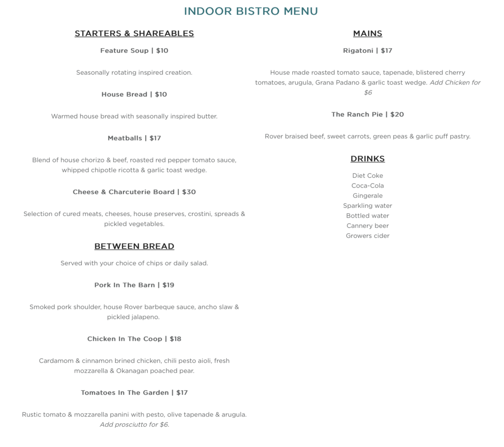 SYL Ranch bistro menu