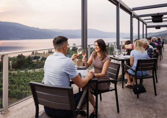 dining on the patio at the lookout restaurant at gray monk winery