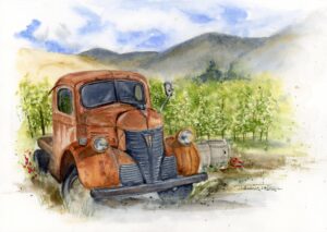 Painting of old rusted truck and orchard