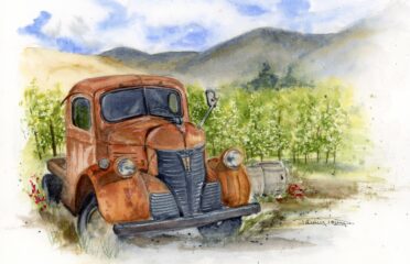 Painting of old rusted truck and orchard