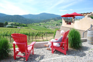 red chairs overlooking vineyard at Thornhaven Winery in Summerland