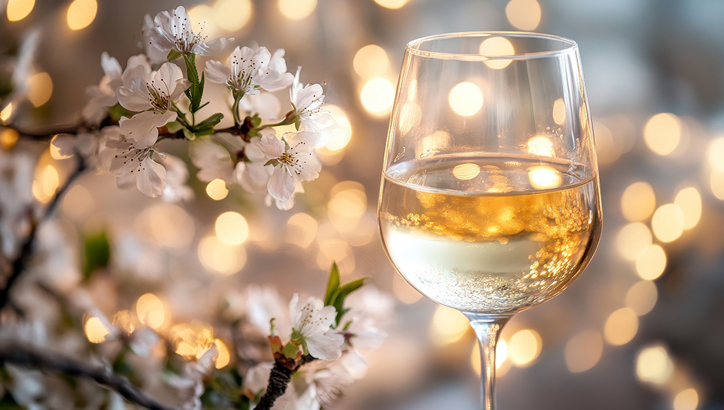 white wine and blossoms