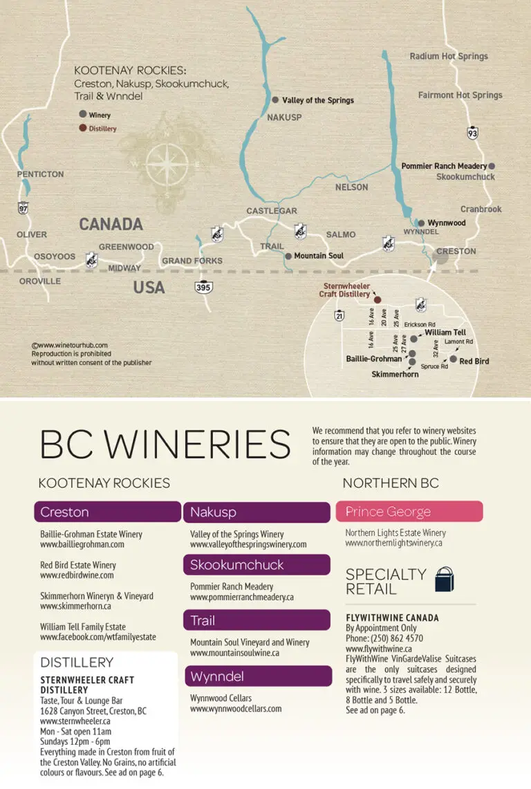 Wineries map and listings for the Kootenay Rockies region
