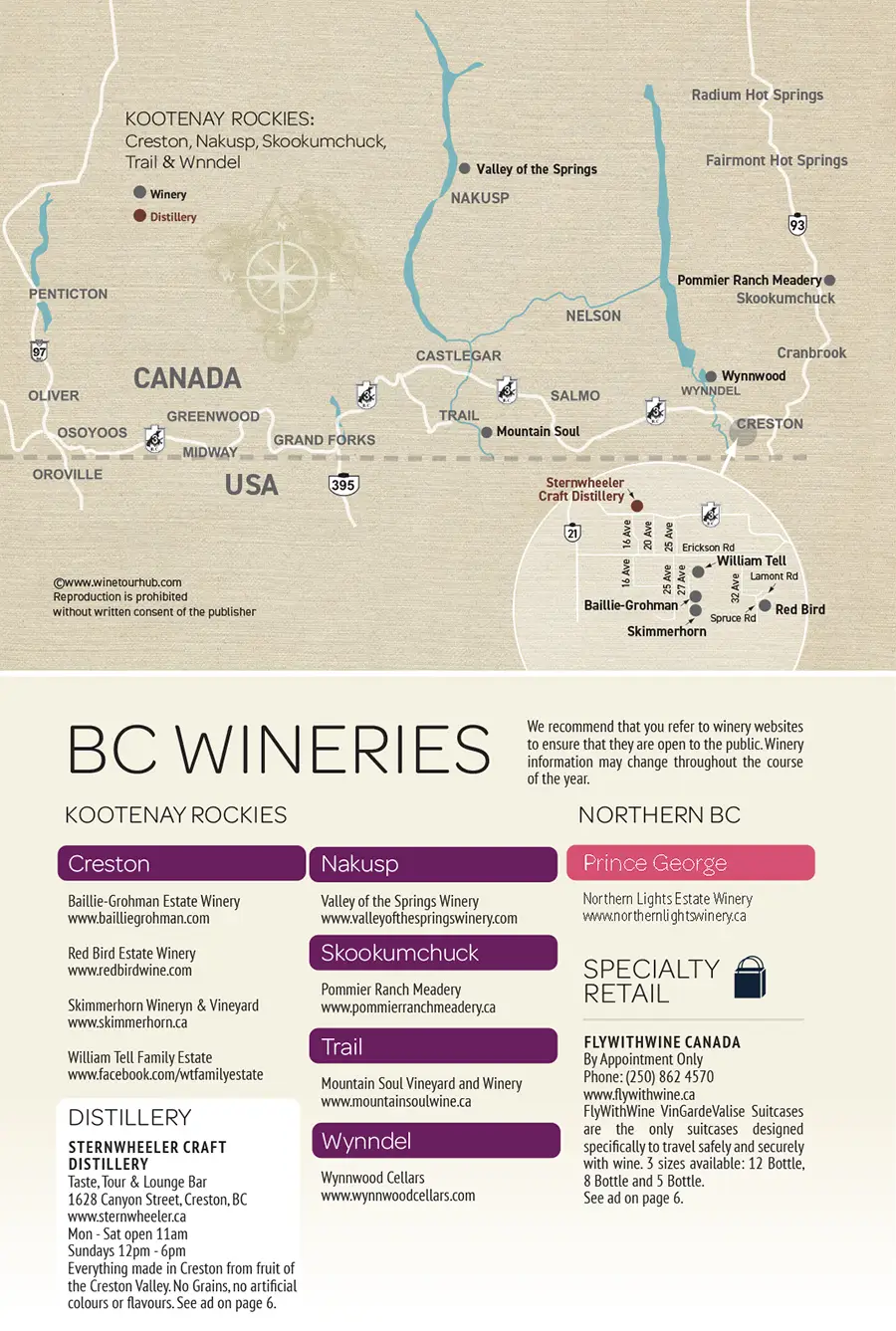 Wineries map and listings for the Kootenay Rockies region