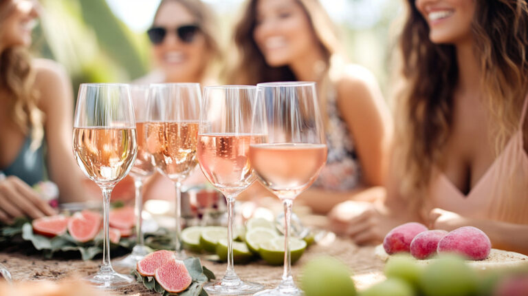 several glasses of rosé wine at a table of women