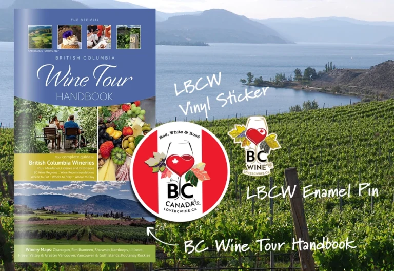 wine tour handbook, love bc wine sticker and pin overtop of scenic image